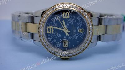 Copy Rolex Datejust Ladies Watch Two Tone Floral Face Diamond Bezel 